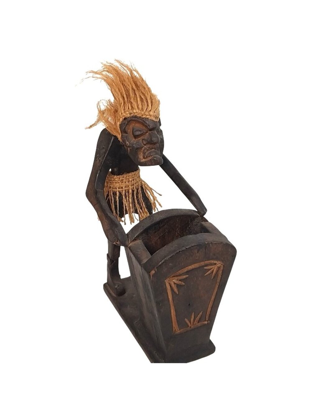 Vintage Tribal Tiki Wooden Hand-Carved Figure Straw Hair African Elder Art Statu